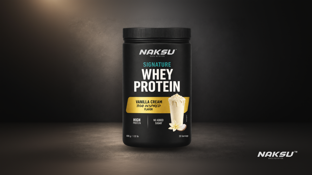 NAKSU Naksu Nutrition Signature Whey Protein Vanilla Cream Thai Inspired 600g Black Background
